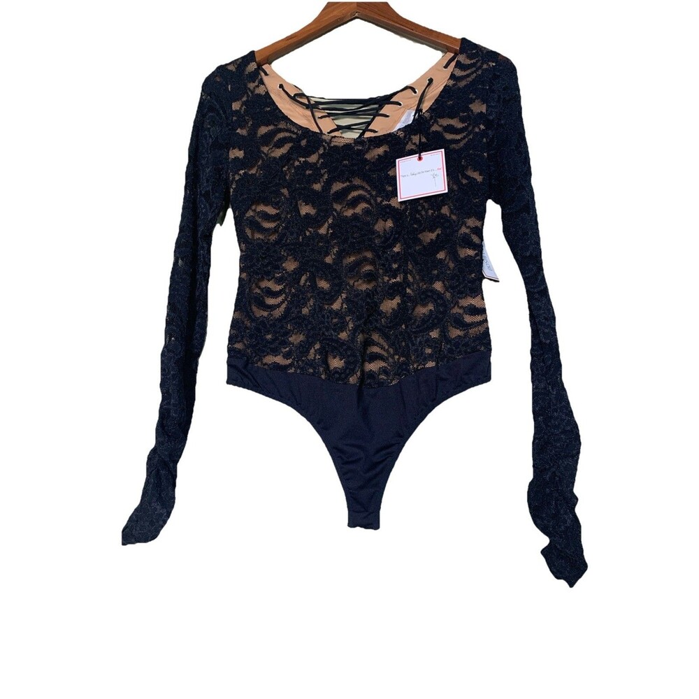Bisou Bisou Bodysuit Blouse Small Women's Black Lace-up Back Long Sleeves Sexy